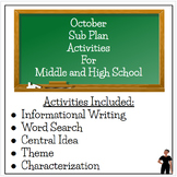 October ELA Sub Plan Activities for Middle and High School