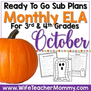 Preview of October ELA Sub Plans for 3rd & 4th Grades | No Prep Halloween Activities