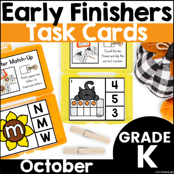 Preview of October Early Finisher Phonics & Math Activity Task Card Boxes for Kindergarten