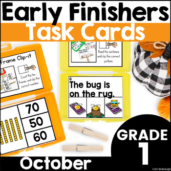 Preview of October Early Finisher Phonics and Math Activity Task Card Boxes for 1st Grade
