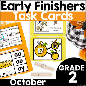 Preview of October Early Finisher Phonics and Math Activity Task Card Boxes for 2nd Grade