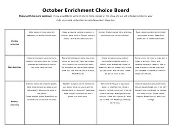 Preview of Editable October Homework Enrichment Choice Board