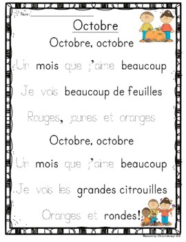 Preview of Octobre FRENCH poem/song differentiated reading/writing activity october autumn