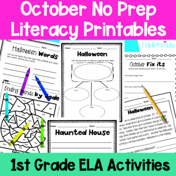 Preview of October First Grade No Prep Literacy Worksheet Packet + TpT EASEL Activity