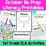 October First Grade No Prep Literacy Worksheet Packet + Tp