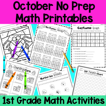 Preview of October First Grade No Prep Math Worksheet Packet 