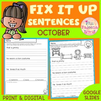 October Fix it Up Sentences | Print & Digital | Google Slides by Miss ...