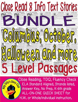 Preview of October Halloween Columbus Day & More Close Read 5 LEVELED passages Centers/Hw