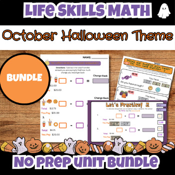 Preview of October Life Skills Shopping Money Math NO PREP Unit Bundle Special Education