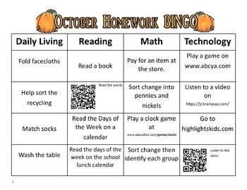 Preview of October Homework BINGO with QR Codes