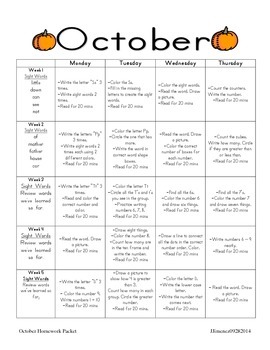 October Homework Packet for Kindergarten/First Grade by Jennifer Chan