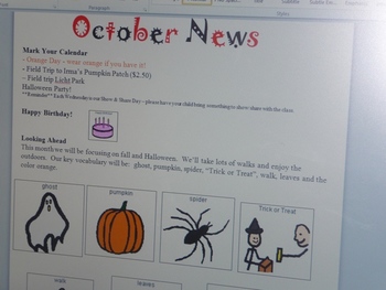 Preview of October Interactive Newsletter with Boardmaker Symbols for Non-verbal Learners