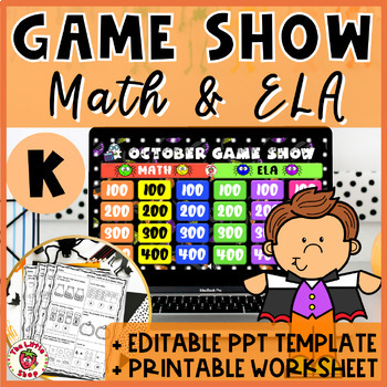 Preview of Halloween Kindergarten Math ELA Game Show - PowerPoint Game+ Printable Worksheet