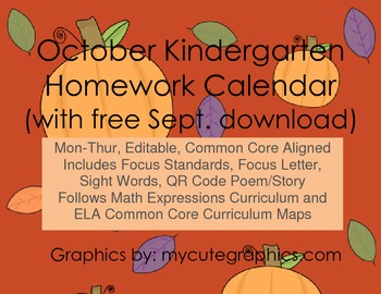 Preview of October M-Thur. Editable CCSS Kindergarten 4 Week Homework Calendar