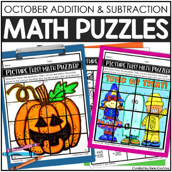 Preview of October Math Puzzles | Halloween Pumpkin Bat Craft Centers Jack o Lantern