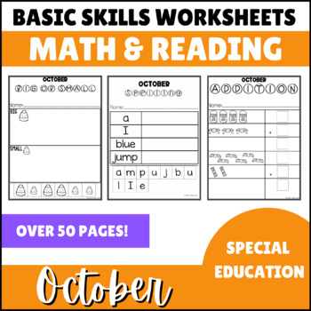 Preview of October Math & Reading Basic Skills Worksheets for Special Education - Halloween