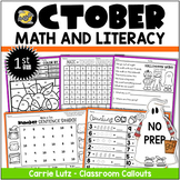 October Math and Literacy - Low Prep Worksheets Fall Sub P