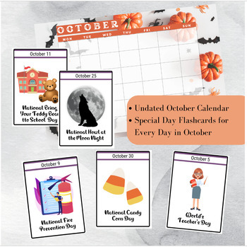 Preview of October National Days Flashcards and FREE Undated October Printable Calendar