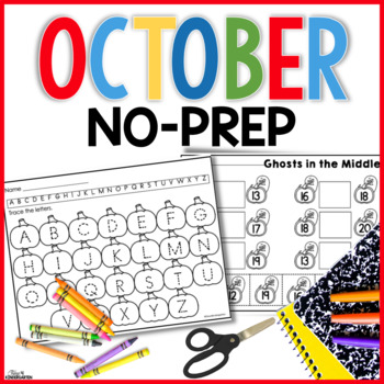 Preview of October No Prep Halloween Math and Literacy Worksheets for Kindergarten