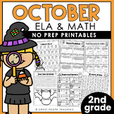 October No Prep Printable Worksheets- ELA & Math- Second Grade