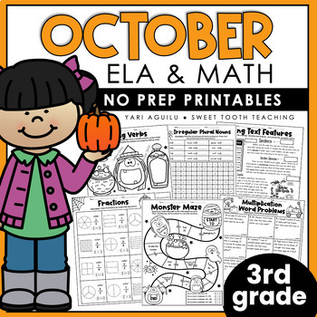 Preview of October No Prep Printables | 3rd Grade Fall Worksheets | Grammar, Reading & Math