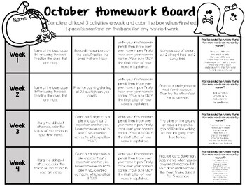October Pre-K Homework Board (Editable) by Mrs Woods Workshop | TpT