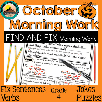 Preview of ELA Morning Work for October and Halloween with Fix the Sentences and Verbs 4