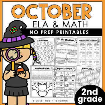Preview of October Printables | Second Grade Review Worksheets| ELA,Grammar, Reading & Math