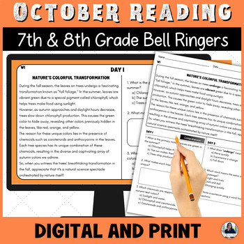 Preview of October Reading Bell Ringers for Middle School ELA/ESL for 7th and 8th Grade