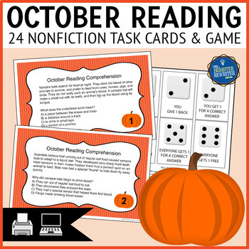 Preview of Halloween Nonfiction Reading Comprehension Task Cards and Game