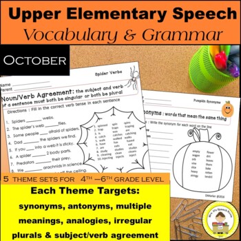 Preview of October Speech Therapy Upper Elementary Themed Language Worksheets