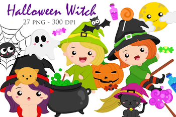 Preview of October Spooky Halloween Witch Kids - Cute Cartoon Vector Clipart Illustration