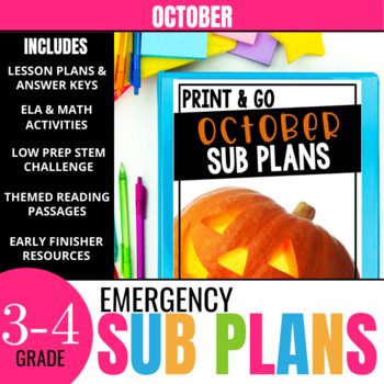 Preview of October Sub Plans for 3rd-4th Grade: Substitute lesson plans & activities
