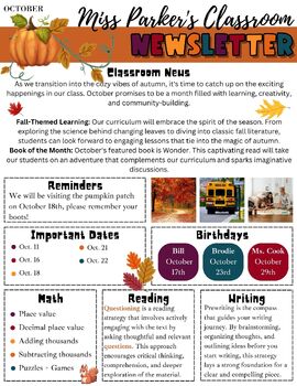 Preview of October Teacher Newsletter Template-Editable-Canva-PowerPoint