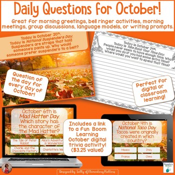 Preview of Morning Meeting Discussions and Daily Writing Prompts and Questions - October