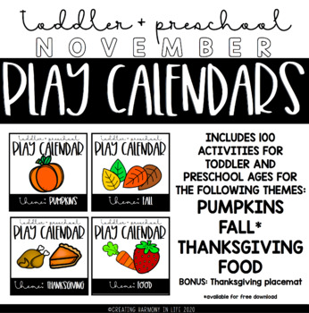 Preview of November Toddler and Preschool Play Calendars
