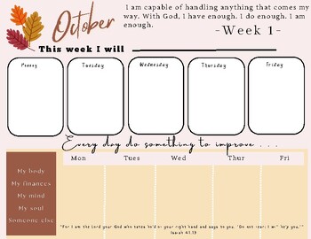 Preview of October Weekly Calendar with Affirmations and Scripture