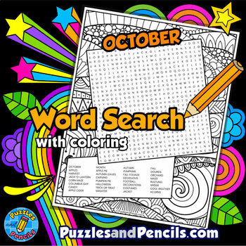 Preview of October Word Search Puzzle Activity with Coloring | October Puzzle