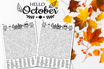 Preview of October Word Search Puzzle Worksheets, vocabulary activities, Easy Hard Puzzles
