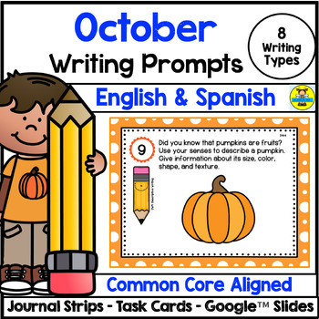 Preview of October Writing Prompts English & Spanish - Task Cards Journal Strips & Digital