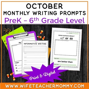 Preview of October Writing Prompts PreK-6th Grades PRINT + GOOGLE MEGA BUNDLE  | Halloween 