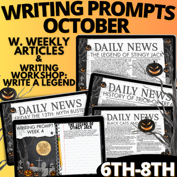 Preview of October Writing Prompts w Passages Halloween Informational Text & Narrative Task