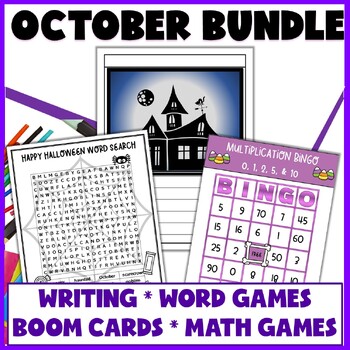 Preview of October Bundle Halloween Writing and Multiplication Bingo and Boom Cards