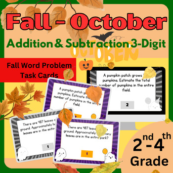 Preview of 40 October with Addition & Subtraction 3-Digit in Fall Word Problem Task Cards