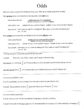 Odds In Favor Odds Against Review Handout Notes Worksheet Homework Assignment