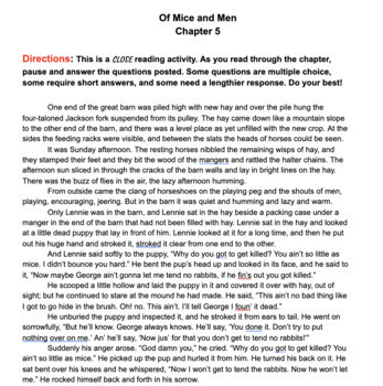 Preview of Of Mice and Men, Chapter 5, Close Reading