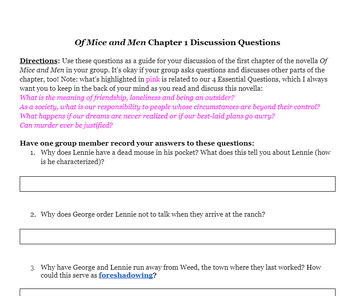 Preview of Of Mice and Men Discussion Questions for ALL chapters - Editable Google Doc!
