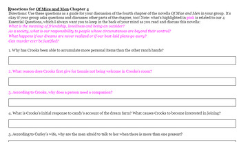 Preview of Of Mice and Men Discussion Questions for Chapter 4 - Editable Google Doc!