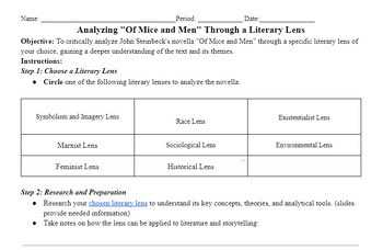 Preview of Of Mice and Men Lens Analysis Reading Activity and Essay