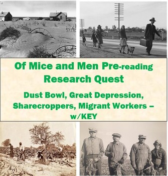 Preview of Of Mice and Men Pre-reading Research Quest w/links and TEACHER KEY